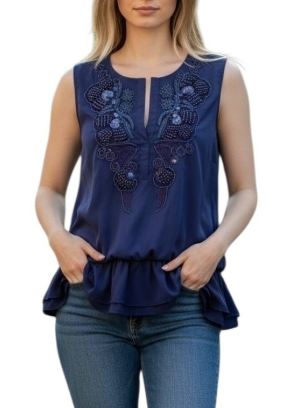 Juicy Couture Navy Blue Sleeveless Embroidered Peplum Top Blouse Size S